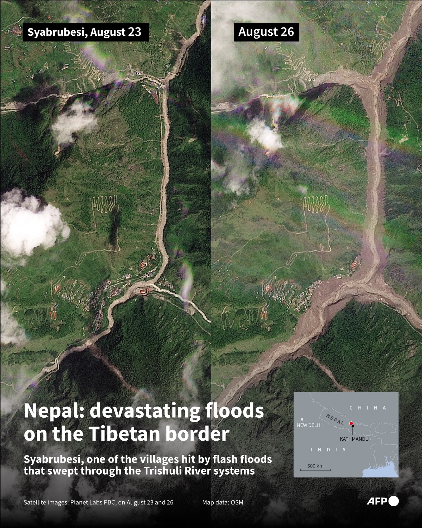 A graphic shows a landscape before and after heavy floods.