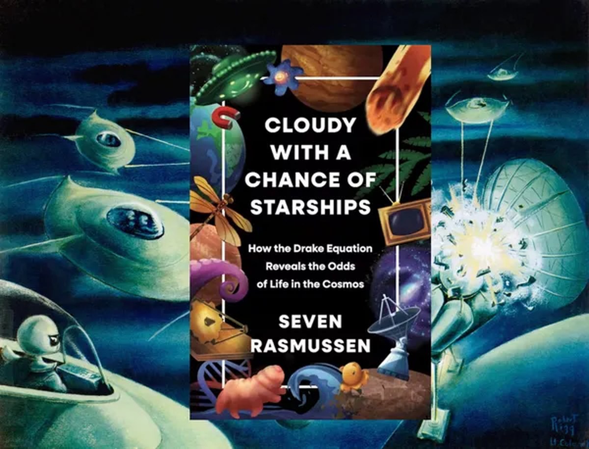 the cover of Cloudy with a Chance of Starships by Seven Rasmussen floating over an illustration of space alien warfare
