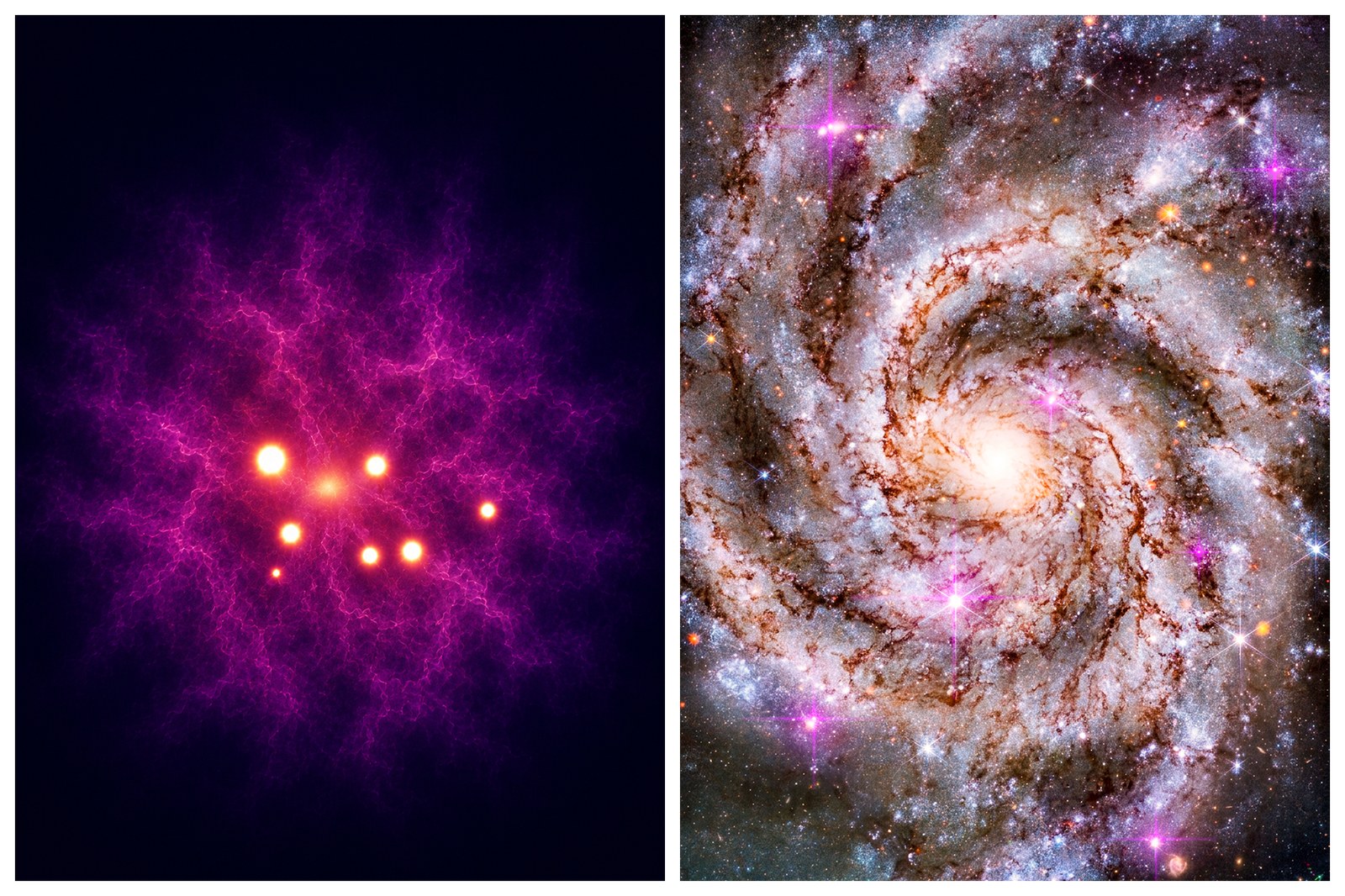 An illustration of glowing hypersoft X-ray sources in the elliptical galaxy NGC 3379 and the spiral galaxy M101.