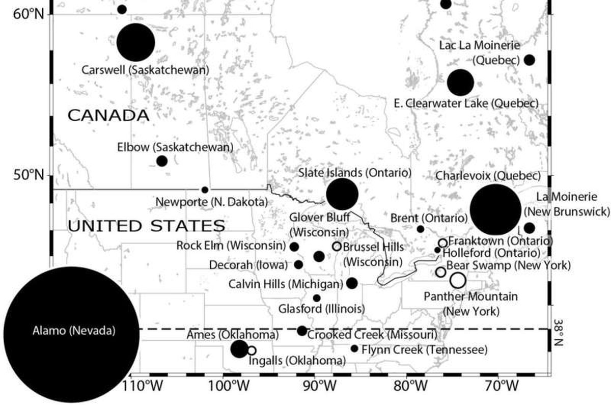 A map of upper North America shows the approximate area and location of impact structures from about 486-360 million years ago. Credit: Catlos et al Meteor hit Oklahoma 100 million years later than previously thought