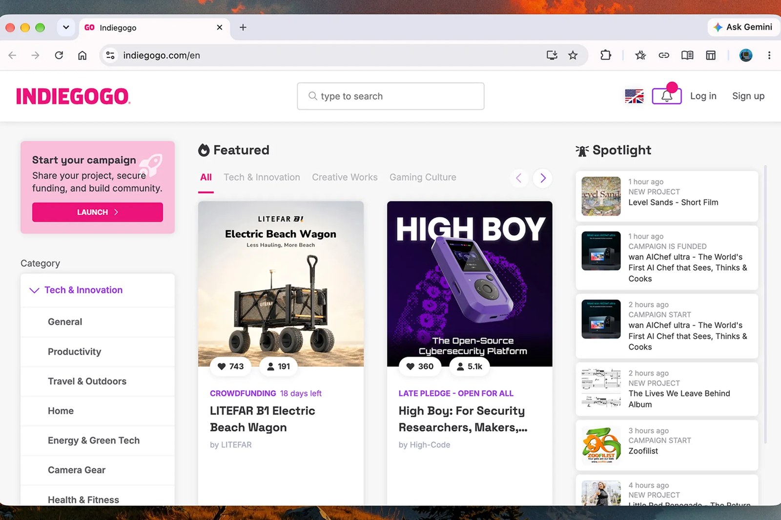 A screenshot of Indieagogo projects you can back