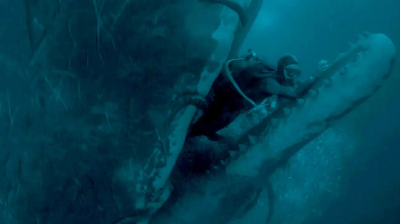 a sperm whale with a diver in its mouth
