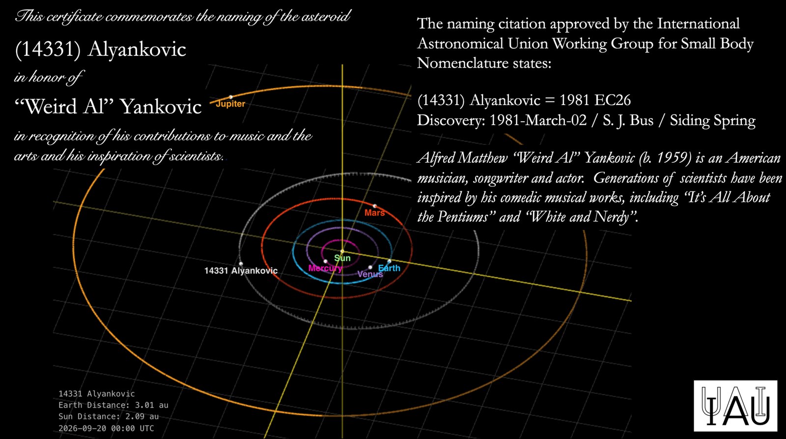 a certificate with a new asteroid named after weird al yankovic