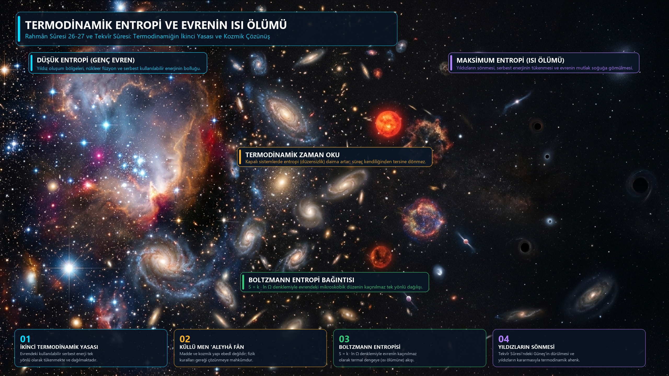 Termodinamik Entropi ve Evrenin Isı Ölümü 4K Türkçe Astrofizik İnfografik