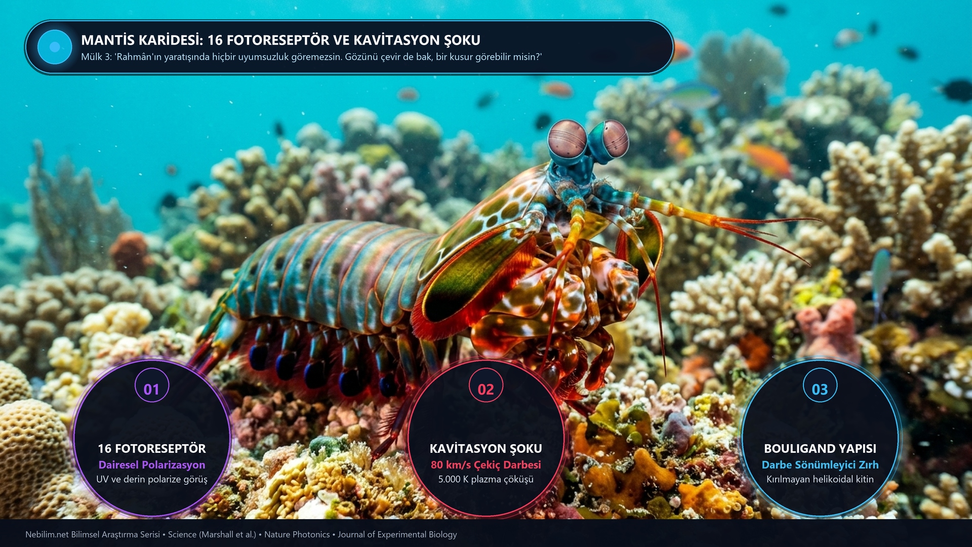 Mantis Karidesi: 16 Fotoreseptörlü Polarize Görüş ve Kavitasyon Şok Dalgası: Mülk Sûresi 3. Âyet ve Biyofizik Zirvesi