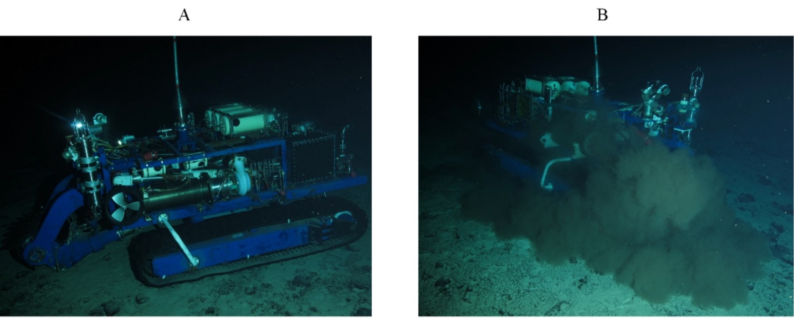 Deniz tabanındaki madencilik aracı: a) madENCILİK öncesi ve b) madENCILİK sırasında. (Liu et al., Total Environment Microbiology, 2026)