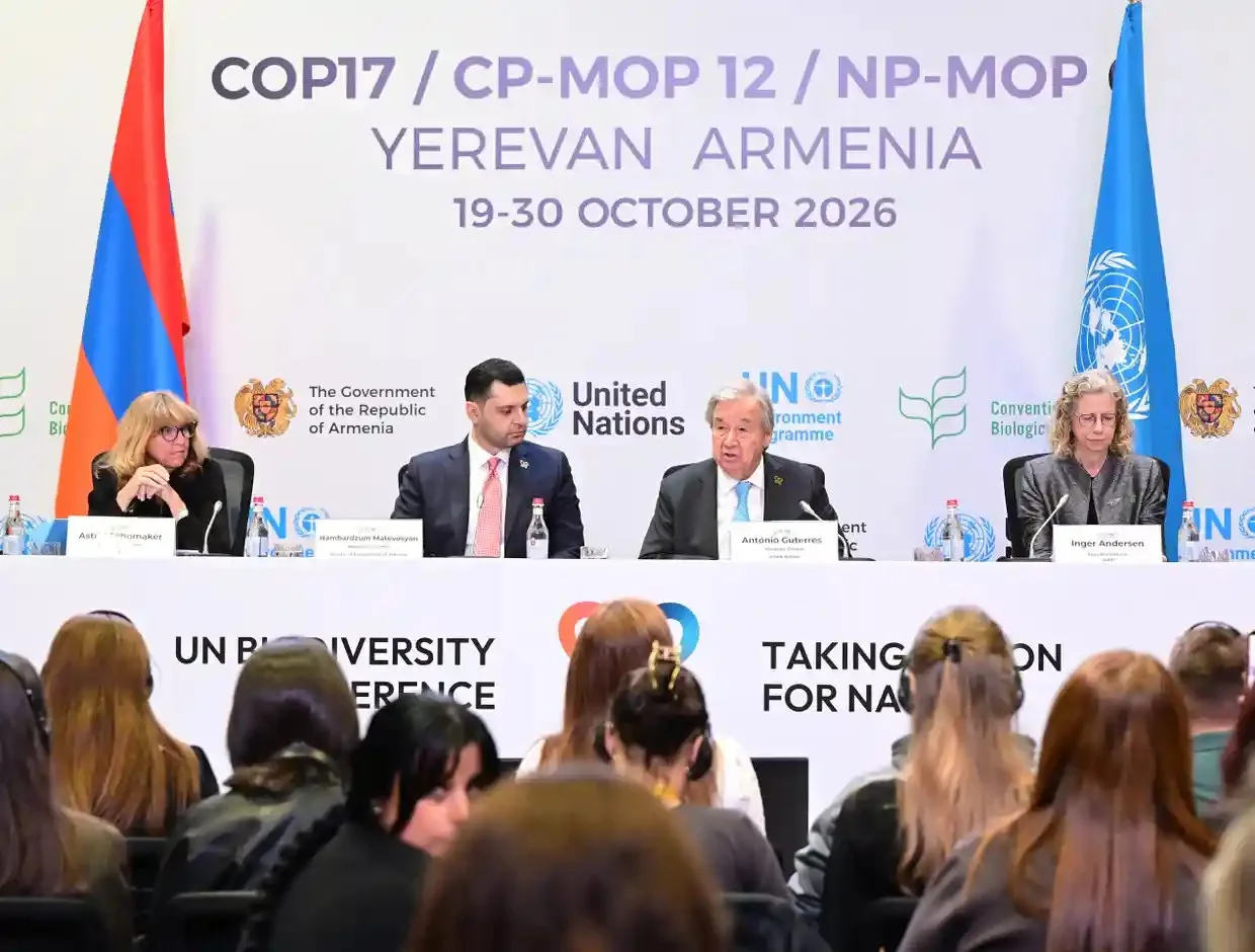 Two white men in suits, and two white women sit at a table on a dais in front of a room of people with the Armenian and UN flags either side 