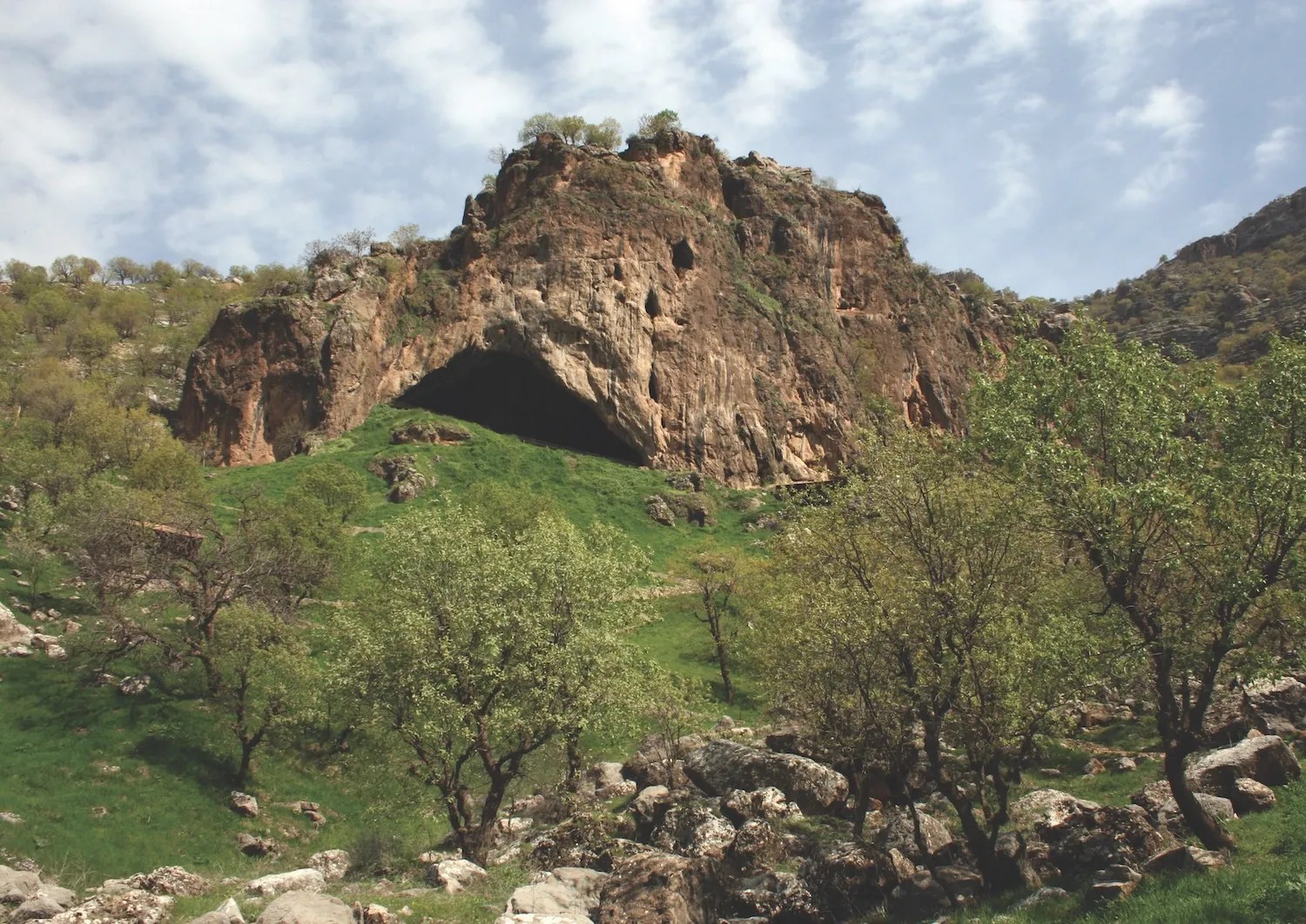 Shanidar cave in hillside surrounded by grass and trees