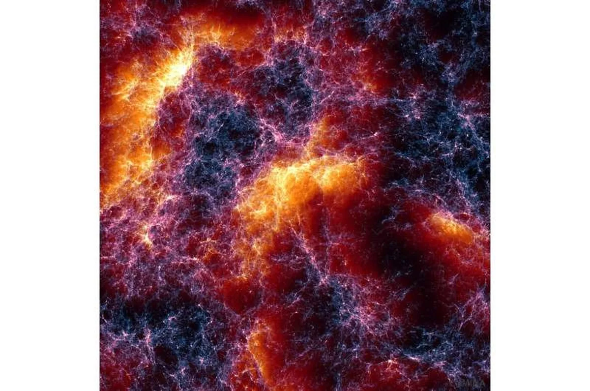 A rendering of the cosmic web about 650 million light-years across, produced by the Lumina simulation. The fine filaments represent dark matter, and the warm orange and yellow tones highlight where gas is moving the fastest between galaxy clusters. Credit: Oliver Zier, Center for Astrophysics | Harvard & Smithsonian Smithsonian scientists create most detailed simulation yet of the early universe