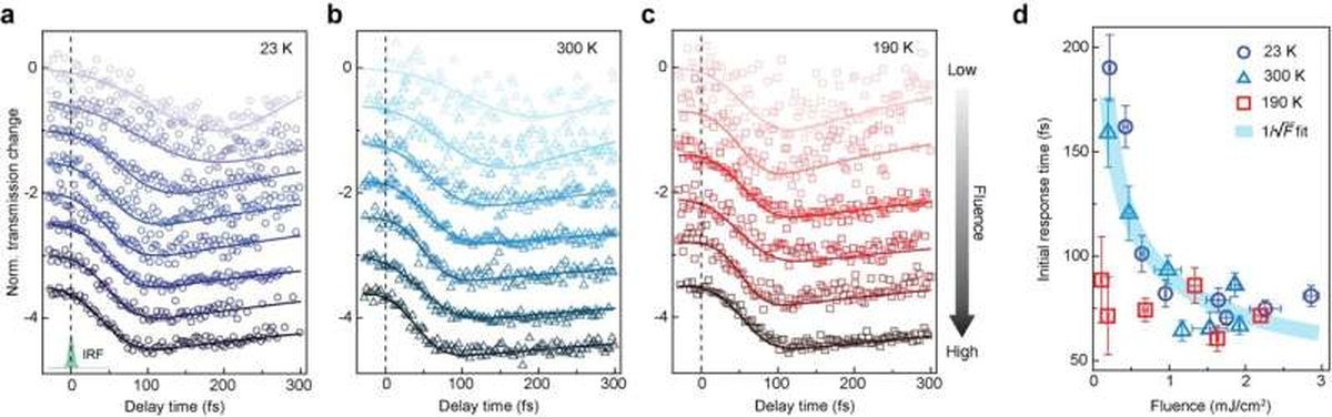 Persistent excitonic correlations and enhanced susceptibility near the phase transition in 1T-TiSe2. a–c, Ultrafast response of the Se 4p states in 1T-TiSe2 following photoexcitation at three representative temperatures: below, near, and above the phase transition. Lighter to darker markers indicate increasing excitation fluence, and solid curves show fits to the data. The green curve in a shows the instrument response (7.2 fs). Traces are vertically offset for clarity. d, Initial response time as a function of excitation fluence. The response becomes faster with increasing fluence both below and above the phase transition, following the characteristic inverse-square-root dependence (blue line) expected from screening of the Coulomb interaction between electrons and holes. By contrast, near Tc, the response (denoted as red squares) is uniformly fast and largely independent of fluence. Credit: Nat. Phys. (2026). DOI: 10.1038/s41567-026-03423-z. Ultrafast core-level spectroscopy reveals the elusive precursors of exciton condensation in quantum materials