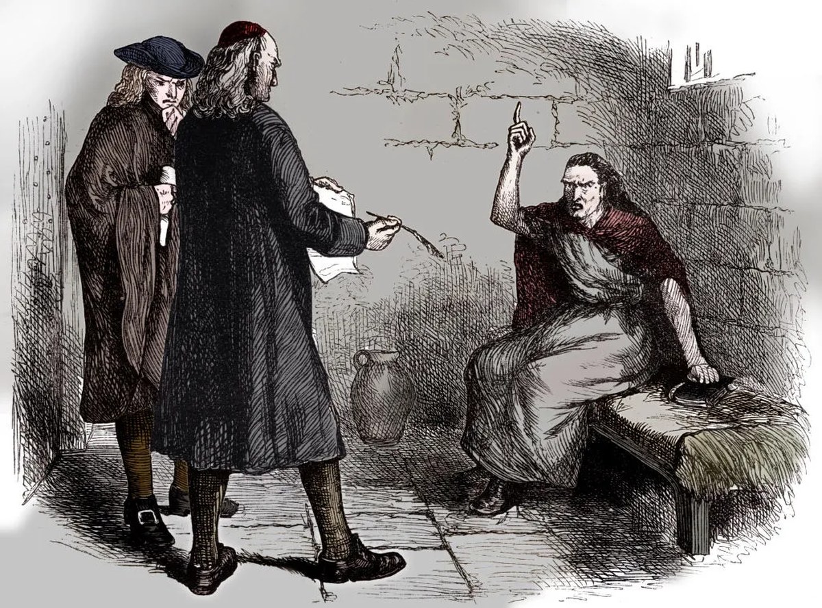 Colored print showing a woman in a red cloak pointing up in a cell with two men standing above her, approaching her with a quill and paper.