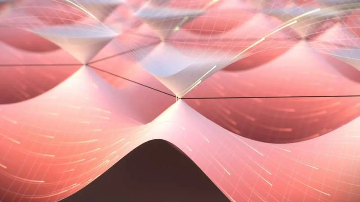 Panoramic view of the energy landscape—the band structure—of graphene. Under the influence of the extremely strong electric field of a light pulse, electrons are accelerated through the band structure (yellow stripes). If the electrons in the lower band (the valence band) approach the upper band (the conduction band) at a sufficient speed, they can tunnel through the energy gap into the excited state via a Landau-Zener-Majorana transition. Credit: Brad Baxley (parttowhole.com) A quantum elevator in slow-motion-video