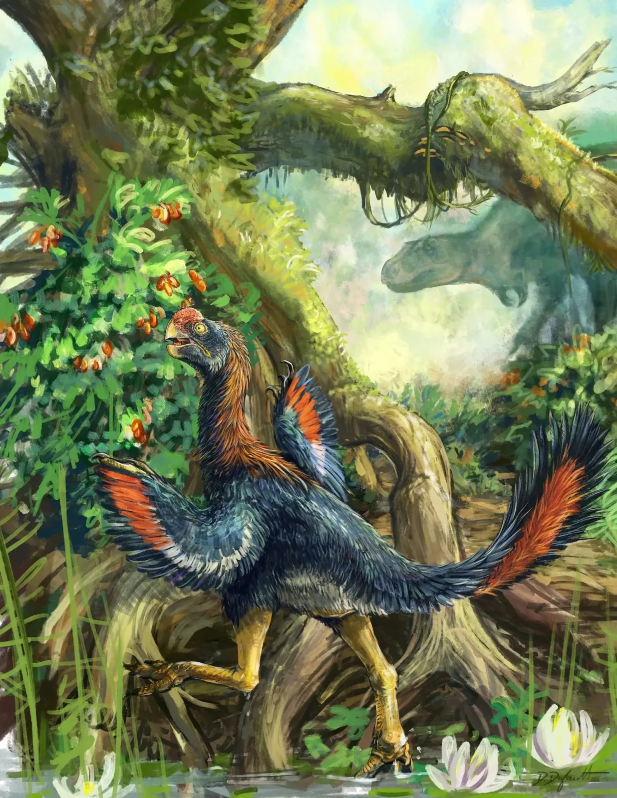 Artist's illustration of I. jamesi, aka a 'hell chicken.' It's a feathered dinosaur that looks like large parrot