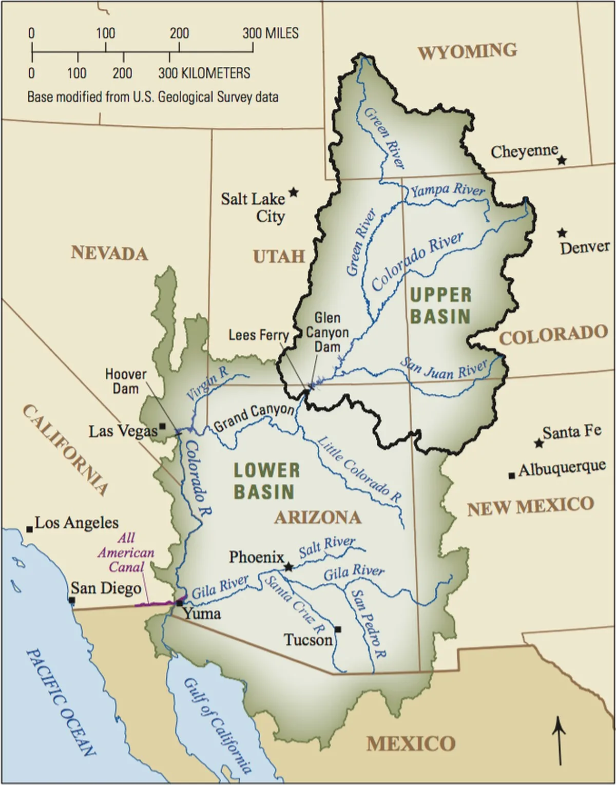 Map showing the Upper and Lower basin regions of the Colorado River Basin.