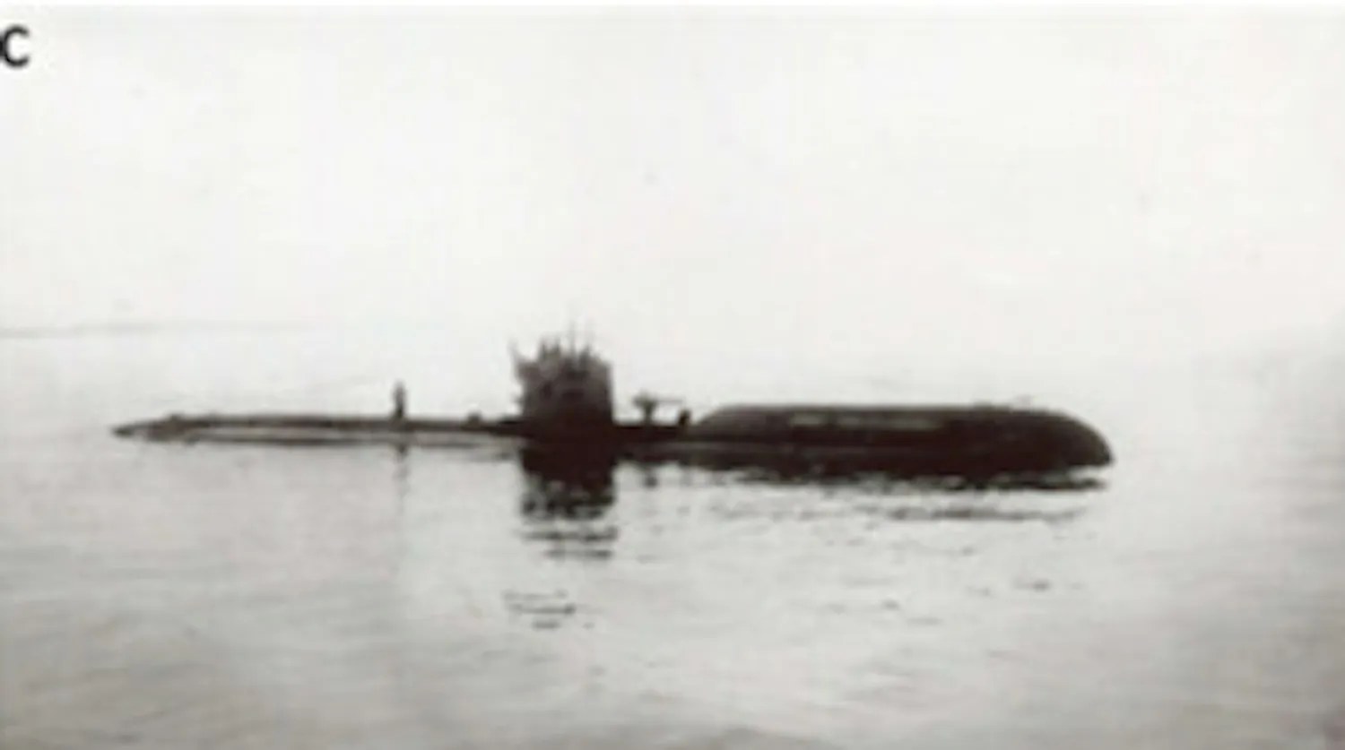 Grainy black and white photo of UC-30 at sea