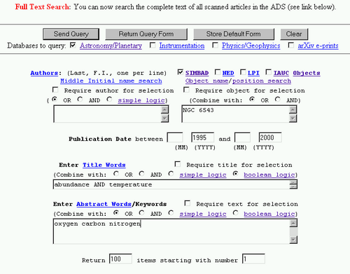 An example of a complex search combining object, title and abstract queries with a date filter