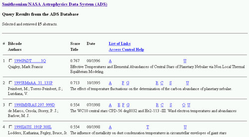 Search results page from ADS – A, F, G, C, R etc. are links to associated data for each abstract such as full-text article, citations, also-read papers and so on.
