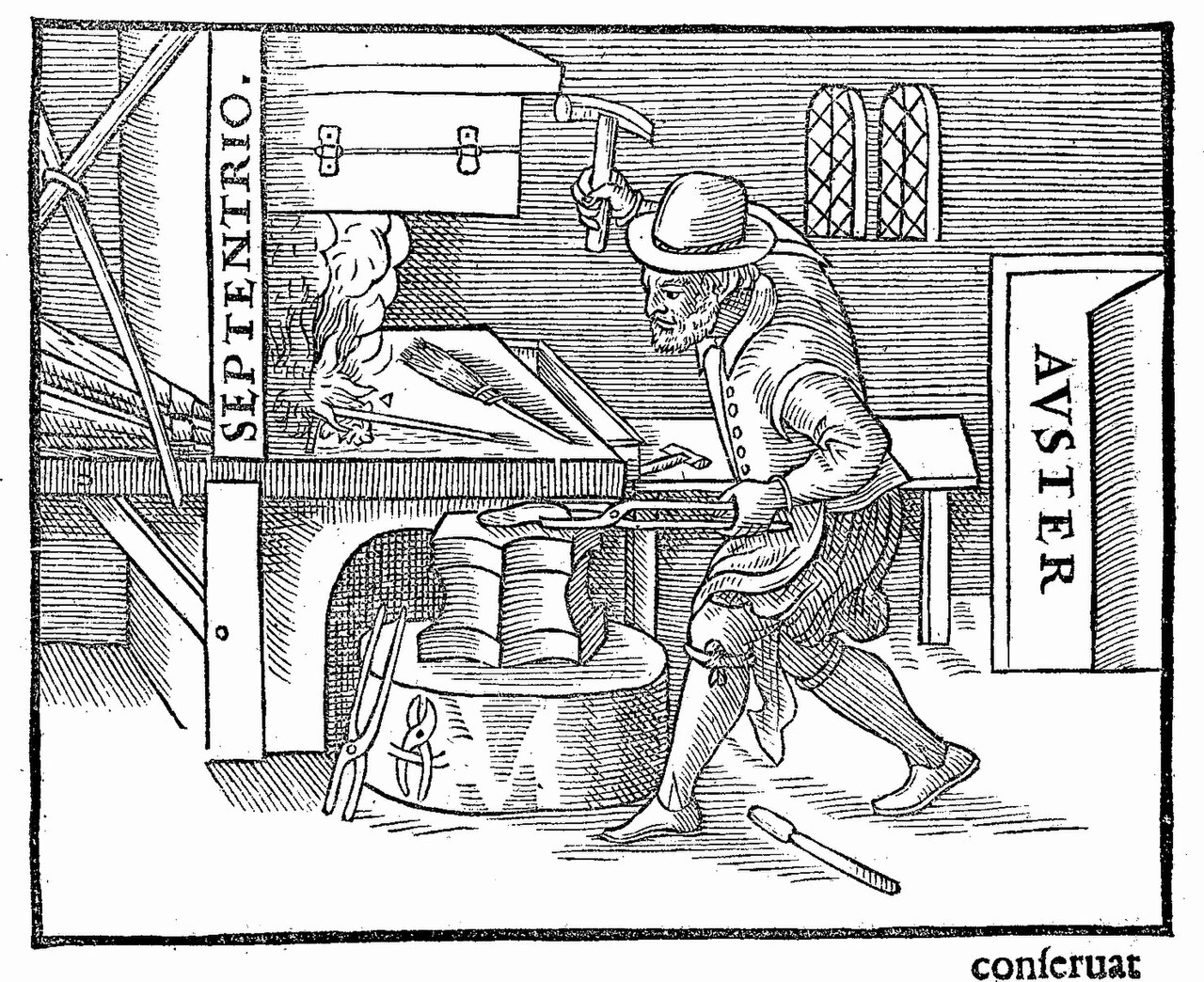 An illustration from Gilbert's 1600 De Magnete showing one of the earliest methods of making a magnet. A blacksmith holds a piece of red-hot iron in a north–south direction and hammers it as it cools. The magnetic field of the Earth aligns the domains, leaving the iron a weak magnet.