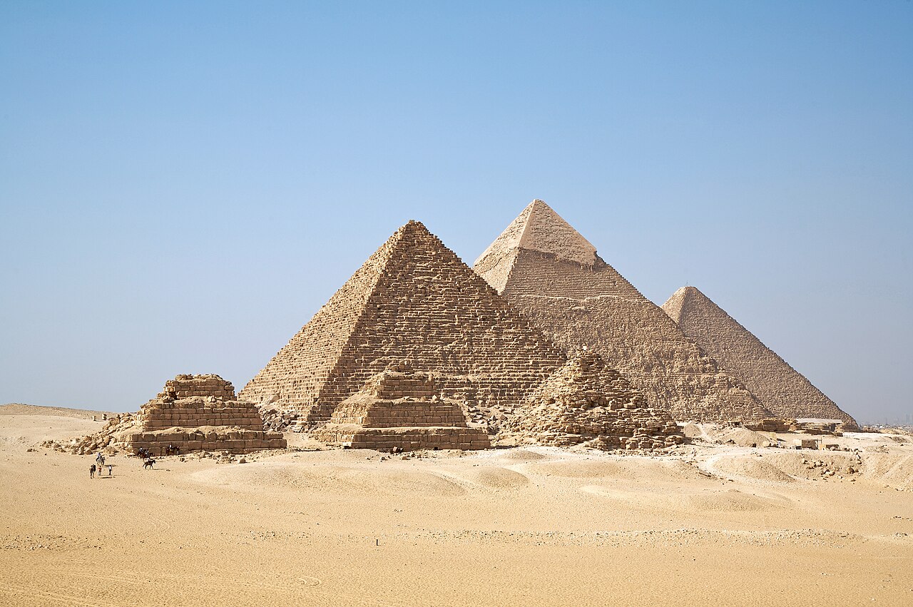 Giza Pyramid complex in Egypt. Built during the Fourth Dynasty of the Old Kingdom of ancient Egypt, between c. 2600 – c. 2500 BC.
